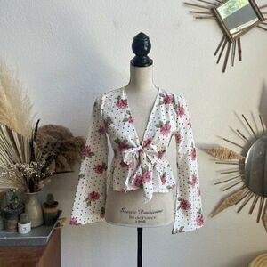 Lola May Womens White Tie Front Rose & Polka Dot Print Full Sleeves Blouse Top M